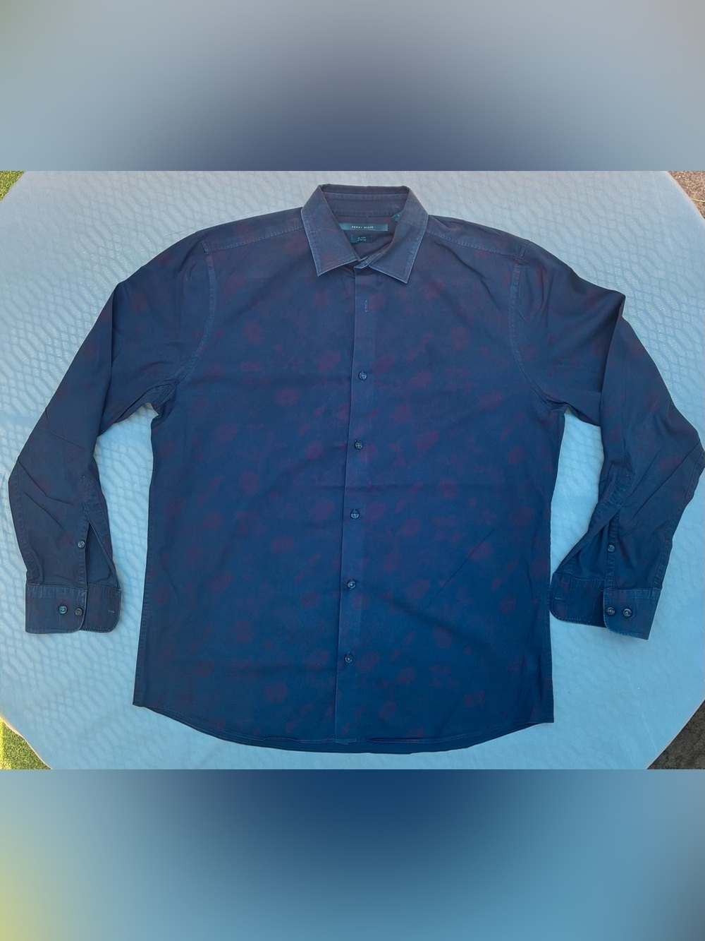 Perry Ellis Men's Navy Button-Down Dress Shirt with Subtle Red Pattern